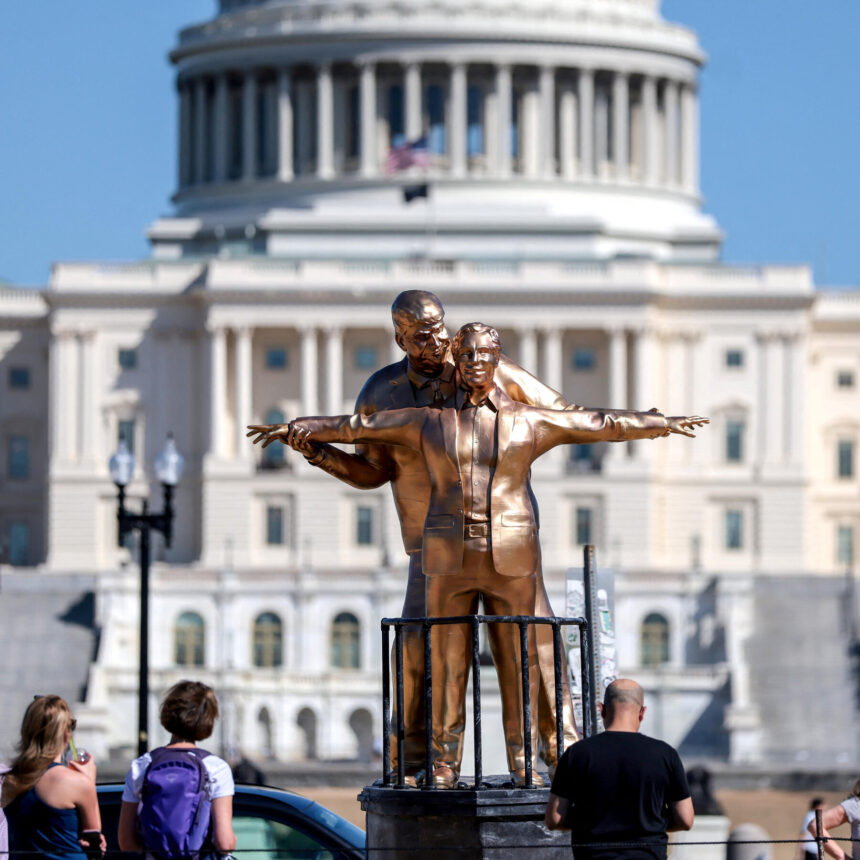 A Statue of Trump and Epstein Re-enacting ‘Titanic’ Pose Appears on National Mall